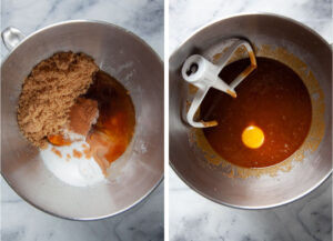Left image is browned butter, cooked pumpkin puree, brown sugar, white sugar, pumpkin pie spice, vanilla, baking soda, and salt in the bowl of a stand mixer. Right image is all those ingredients mixed together, along with an egg yolk added to the batter.