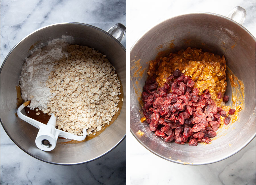 Left image is flour and rolled oats added to the cookie dough in a mixing bowl. Right image is dried cranberries added to the cookie dough.