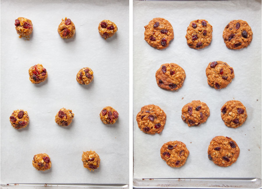 Left image is cookie dough in a balls on a parchment paper line baking sheet. Right image is cookies baked on the baking sheet.