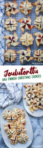 Top image is joulutorttu, a Finnish Christmas cookie filled with jam and shaped like pinwheels and square flowers, sitting on a wire cooling rack. The bottom image are the joulutorttu sitting on a white oval plates. The text in the image says Joulutorttu AKA Finnish Christmas Cookies.