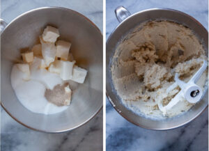 Left image is butter, cream cheese, sugar, cardamom, baking powder, salt and vanilla in the bowl of a stand mixer. Right image is all the ingredients creamed together, along with a mixer paddle attachment in the bowl.