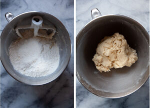 Left image is flour added to the ingredients for the cookie dough in a mixing bowl. Right image is the cookie dough mixed together in a bowl.