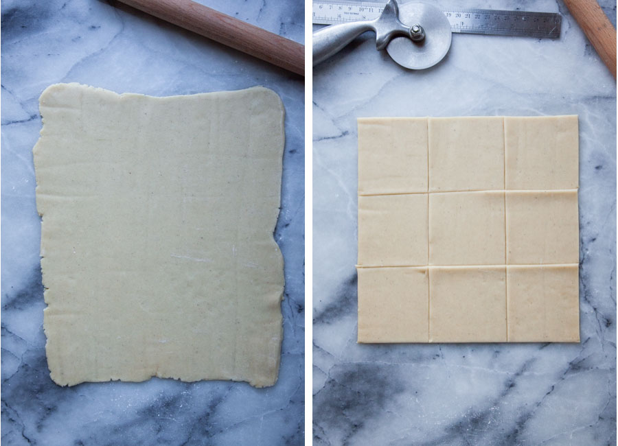 Left image is cookie dough rolled out into a rough square, right image is the cookie dough cut into 9 square pieces. 