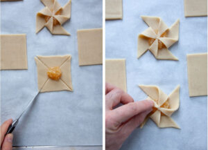 Left image is a knife cutting cookie dough in a diagonal line from the center to the corner. Right image is a hand folding over the cut dough to form a pinwheel shape.