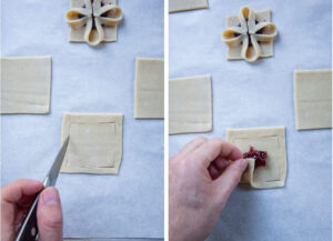 Left image a knife cutting the corner of a square piece of cookie dough, to make a frame. Right image is a hand folding over the corner into the center of the cookie, to form the square flower shape.