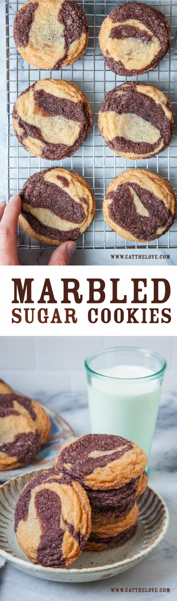 Top image is a hand reaching for marbled sugar cookies on a wire cooling rack. Bottom image is a stack of marbled sugar cookies on a plate, with more cookies and a glass of milk behind it. The text on the image says Marbled Sugar Cookies.