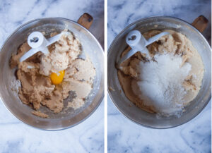 Left image is cookie dough ingredients in a mixing bowl with an egg added to the mixture. Right image is cookie dough ingredients with flour added to the mixture.