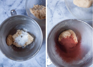 Left image is flour added to half the cookie dough. Right image is cocoa powder added to the cookie dough.