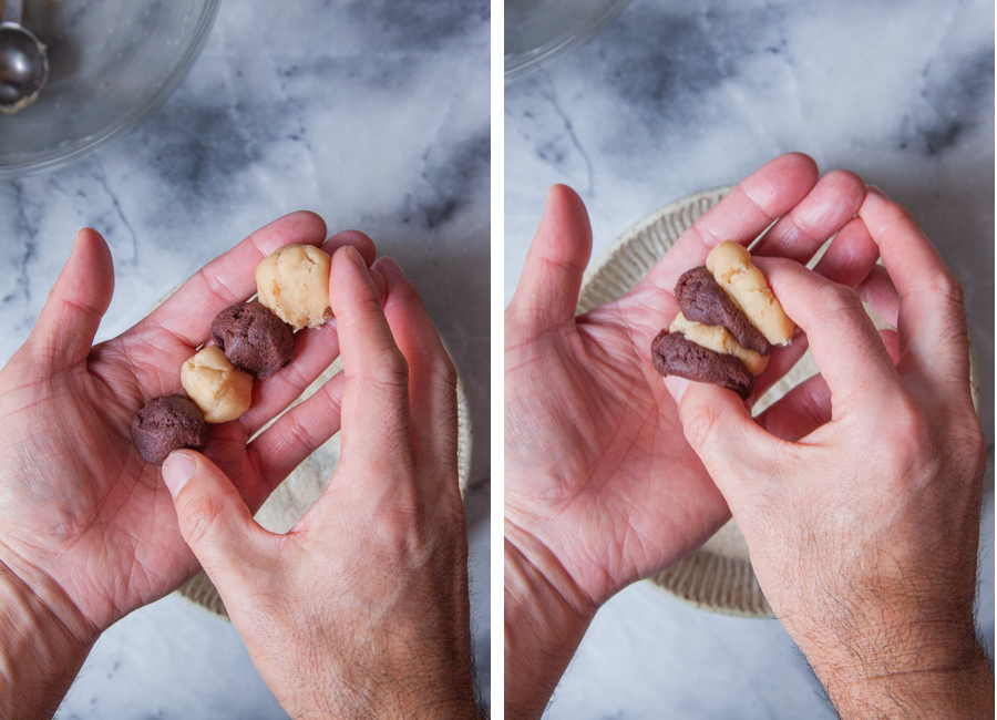 Left image is alternating vanilla and chocolate cookie dough sitting in a hand. Right image is the hand squishing the dough together.