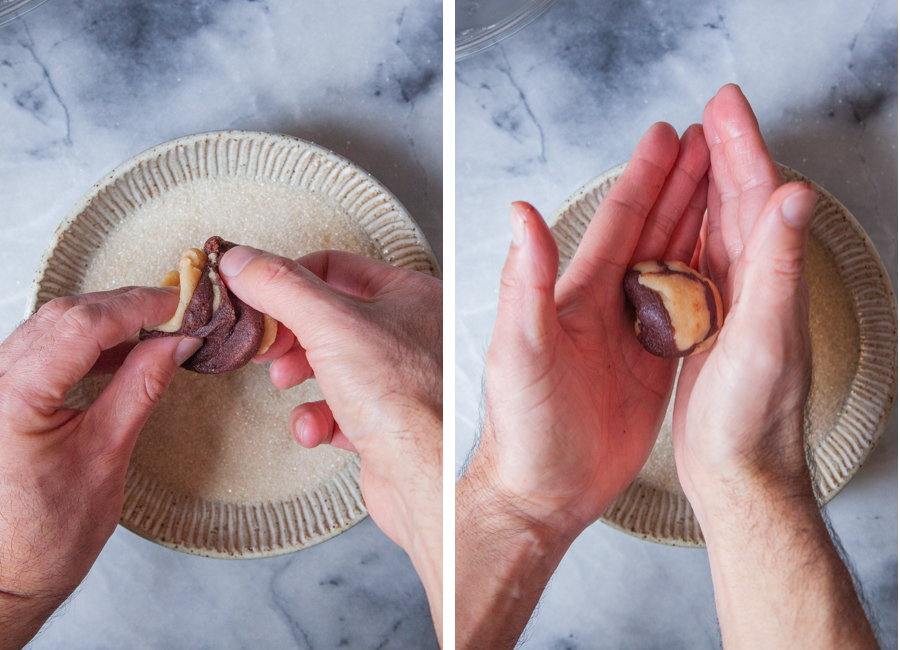Left image is two hands twisting the dough in opposite directions. Right image is hands rolling the cookie dough into a ball.
