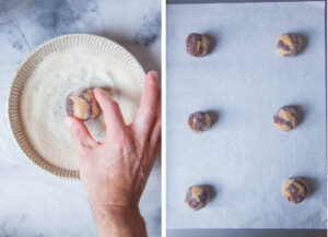 Left image is a hand rolling the cookie dough in sugar. Right image is a baking sheet lined with parchment paper and prepared cookie dough on it, ready to be baked.