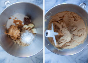Left image is butter, peanut butter, brown sugar, white sugar, miso paste, baking soda, and vanilla extract in a mixing bowl. Right image is all the ingredients creamed together, with a stand mixer paddle attachment in the bowl as well.