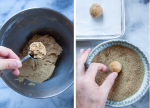 Left image is a 1 tablespoon scoop of cookie dough. Right image is a hand rolling the dough ball in Turbinado sugar.