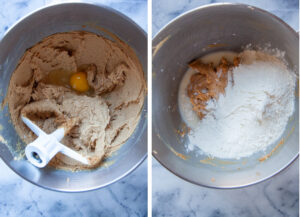 Left image is an egg added to the cookie dough in a mixing bowl. Right image is milk and flour added to the cookie dough in a mixing bowl.