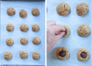 Left image is baked cookies on a cookie sheet. Right image is a hand placing an unwrapped Hershey's kiss in the center of each cookie.