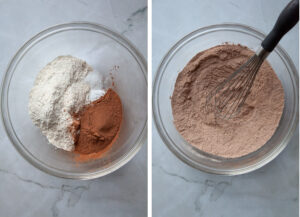 Left image is flour, cocoa, baking soda, and salt in a glass bowl. Right image is a balloon whisk in the bowl, and the ingredients all blended together, with the dry ingredients a uniform color.