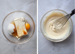 Left image is cream cheese, sugar, egg, vanilla in a bowl. Right image is all the ingredients whisked together until smooth, with a balloon whisk in the bowl.