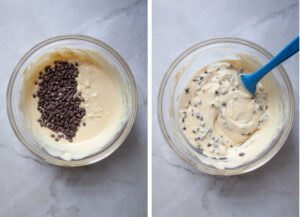 Left image is mini chocolate chips added to the cream cheese filling. Right image is a blue silicone spatula in the bowl, with the mini chocolate chips folded in and evenly distributed in the batter.