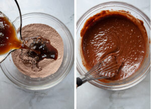 Left image is dry ingredients for the chocolate cupcake batter in a bowl, with the liquid ingredients being poured into the bowl. Right image is the batter mixed together until smooth.