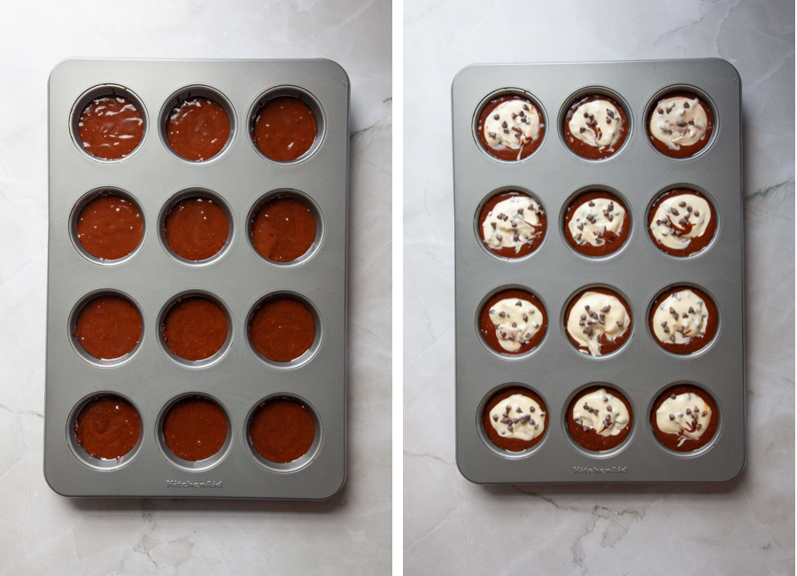 Left image is a muffin pan filled with chocolate batter. Right image is the cream cheese filling added to each chocolate batter filled muffin cup.