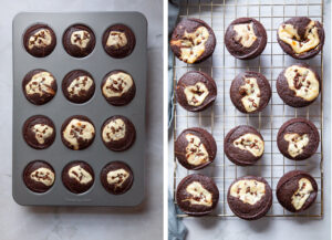 Left image is black bottomed cupcakes baked in a muffin pan. Right image is the black bottomed cupcakes cooling on a wire rack.