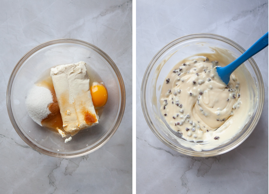Left image is cream cheese, sugar, egg, vanilla in a bowl. Right image is ingredients, along with mini chocolate chips, mixed together until batter is smooth and chocolate chips are evenly distributed.