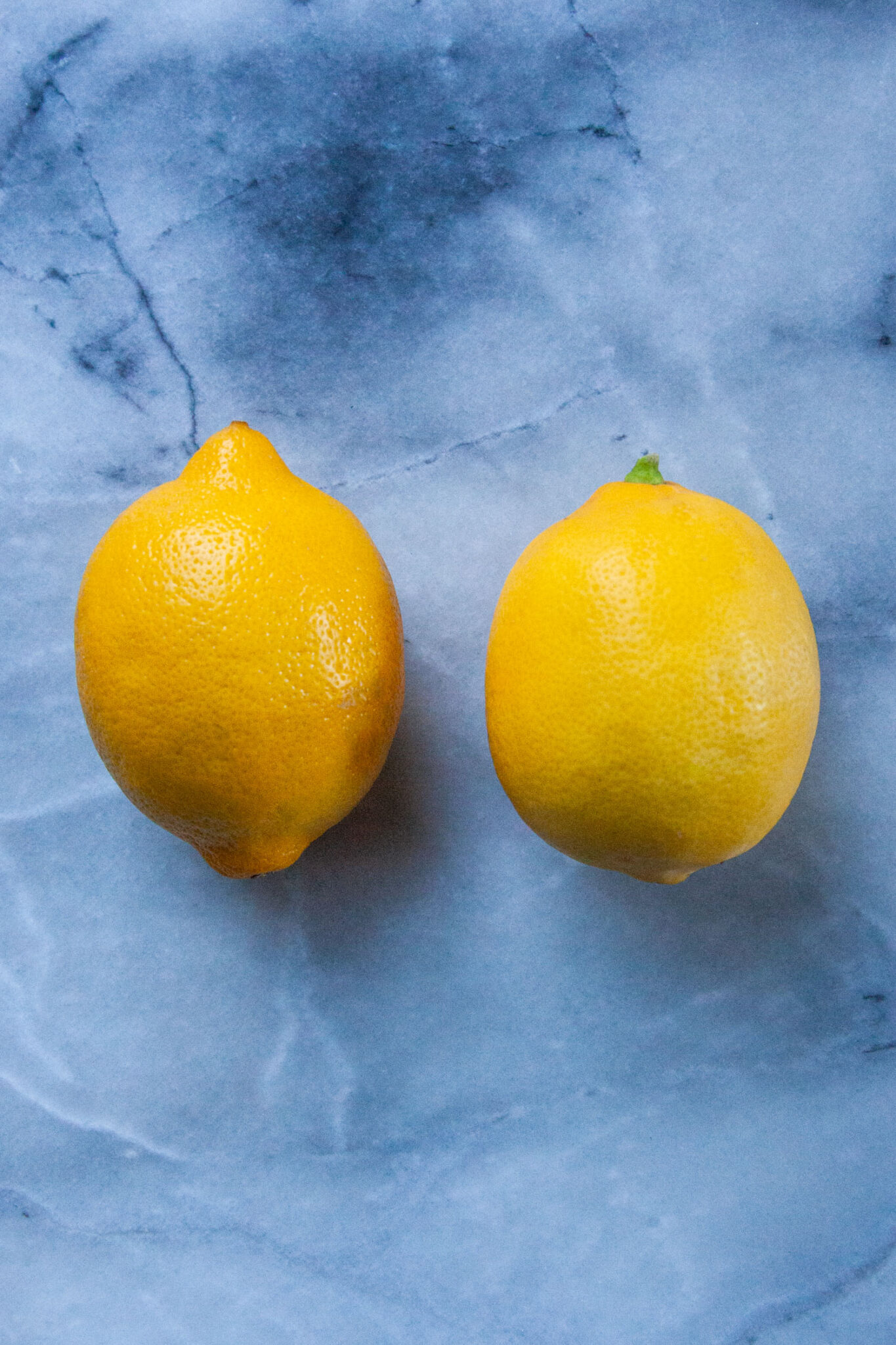 Regular lemon on the left with a slightly more pitted skin and thinner profile, and Meyer lemon on the right with a smoother skin and rounder shape.