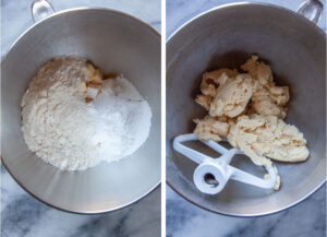 Left image is flour, confectioner's sugar, butter, and salt in metal mixing bowl. Right image is the crust ingredients mixed together to form a dough, with the paddle attachment from a stand mixer in the bowl with the dough.