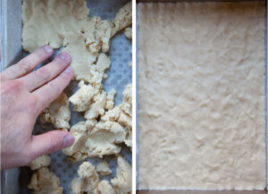 Left image is a hand pressing the dough into the bottom of the pan. Right image is the dough pressed evenly into the bottom of the pan.