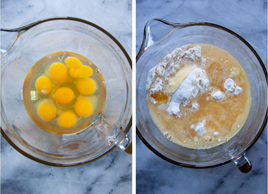 Left image is eggs in a large glass bowl with a pour spout. Right image is sugar, zest of Meyer lemons, flour, and salt added to the eggs.