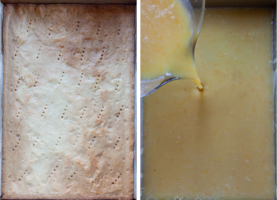 Left image is the baked golden brown crust. Right image ia the uncooked filling being poured onto the baked crust.