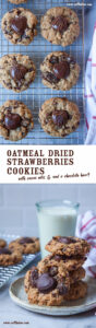 Top image is oatmeal dried strawberry cookies on a wire cooling rack. Bottom is oatmeal dried strawberry cookies stacked on a plate, with one cookie facing out leaning against the rest of the cookies, with a glass of milk and more cookies behind it. The text on the image says Oatmeal Dried Strawberry Cookies with Cacao Nibs and a Chocolate Heart.
