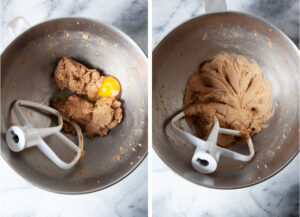 Left image is an egg added to the cookie dough mixture. Right image is the dough blended with the egg.
