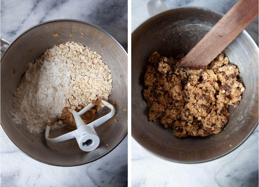 Left image is rolled oats and flour added to the cookie dough. Right image is cookie dough mixed with dried strawberries and cacao nibs.