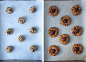 Left image is a baking sheet lined with parchment paper with balls of dough on it. Right image is the cookies baked, with the chocolate hearts placed in the center of each baked cookie.