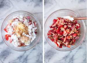 Left image is strawberry, cut up rhubarb, grated apple, sugar, tapioca starch, and raspberry vinegar in a glass bowl. Right image is ingredients mixed together.