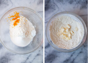Left image is flour, sugar, and orange zest in a glass bowl. Right image is flour, sugar, orange zest blended together with cold cubed butter in the bowl.