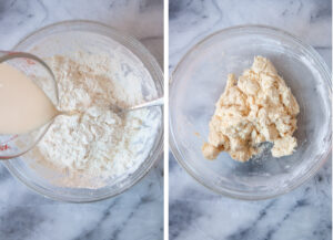 Left image is milk and orange juice beind poured into the dry ingredients of a cobbler biscuit dough in a glass bowl. Right image is the ingredients mixed together, with a dough formed.