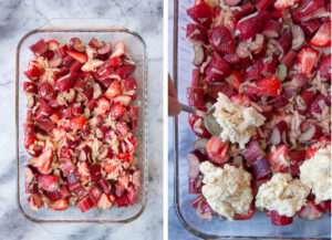 Left image is the strawberry rhubarb filing in a glass casserole dish. Right image is a spoon adding biscuit dough on top of the filling.