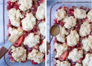 Left image is a brush adding milk to the top of the biscuit dough. Right image is a spoon sprinkling coarse sugar over the top of the biscuit dough.