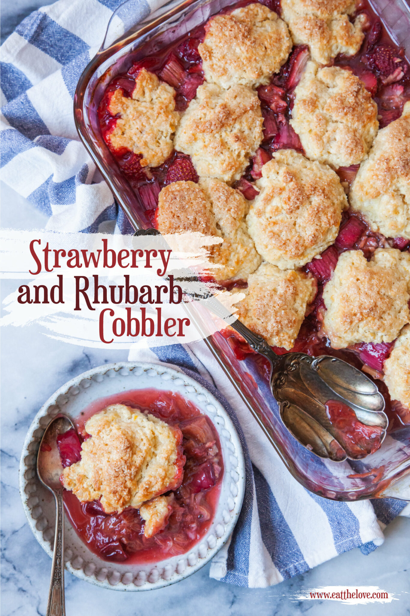 A bowl with a serving of strawberry rhubarb cobbler in it, and the remaining cobbler in a glass casserole dish next to the bowl.