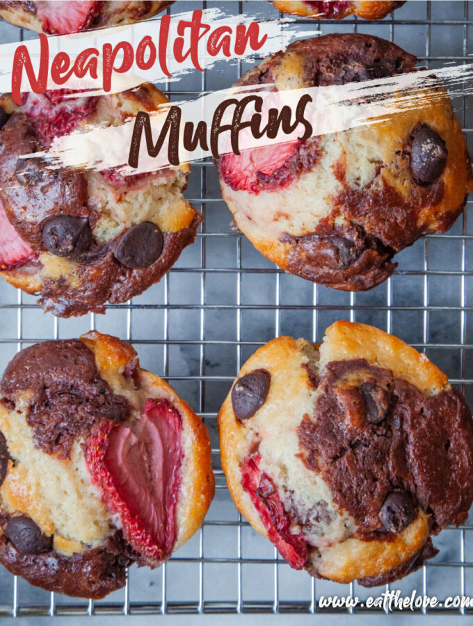 Neapolitan Muffins, vanilla, chocolate, and strawberry muffins sitting on a wire cooling rack. The text on the image says "Neapolitan muffins" on it.