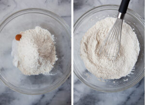 Left image is flour, salt, baking soda, and cinnamon in a bowl. Right image is a balloon whisk in the bowl with all the ingredients whisked together.