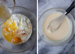 Left image is yogurt, sugar, eggs, and vanilla extract in a bowl, with melted butter being added to the bowl. Right image is a balloon whisk in the bowl, with all the ingredients mixed together.