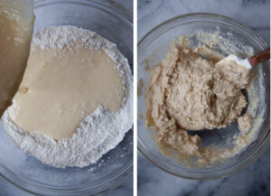 Left image is wet ingredients being poured into the bowl with the dry ingredients. Right image is a spatula in the bowl, with the ingredients mixed and just barely combined together.