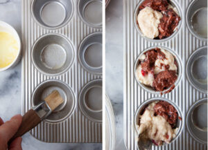 Left image is a hand brushing melted butter into the cups of a muffin pan. Right image is a spoon adding vanilla and chocolate batter to the muffin pan.