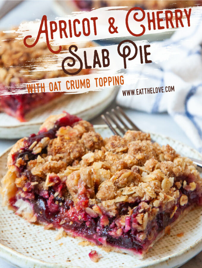 A slice of cherry and apricot slab pie, with two more slices of pie behind it.