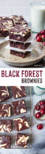 Top image is a stack of Black Forest brownies on a plate, with a glass of milk and more brownies behind it. Bottom image is Black Forest brownies sitting on a wire cooling rack. The text in the image says "Black Forest Brownies".
