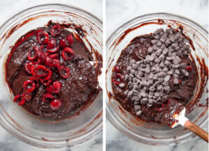 Left image is cherries added to the brownie batter. Right image is chocolate chips added to the brownie batter.