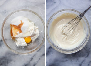 Left image is cream cheese, egg, white sugar, flour, vanilla, and salt in a small glass mixing bowl. Right image is all the ingredients whisked together until smooth with a balloon whisk in the bowl with the mixture.